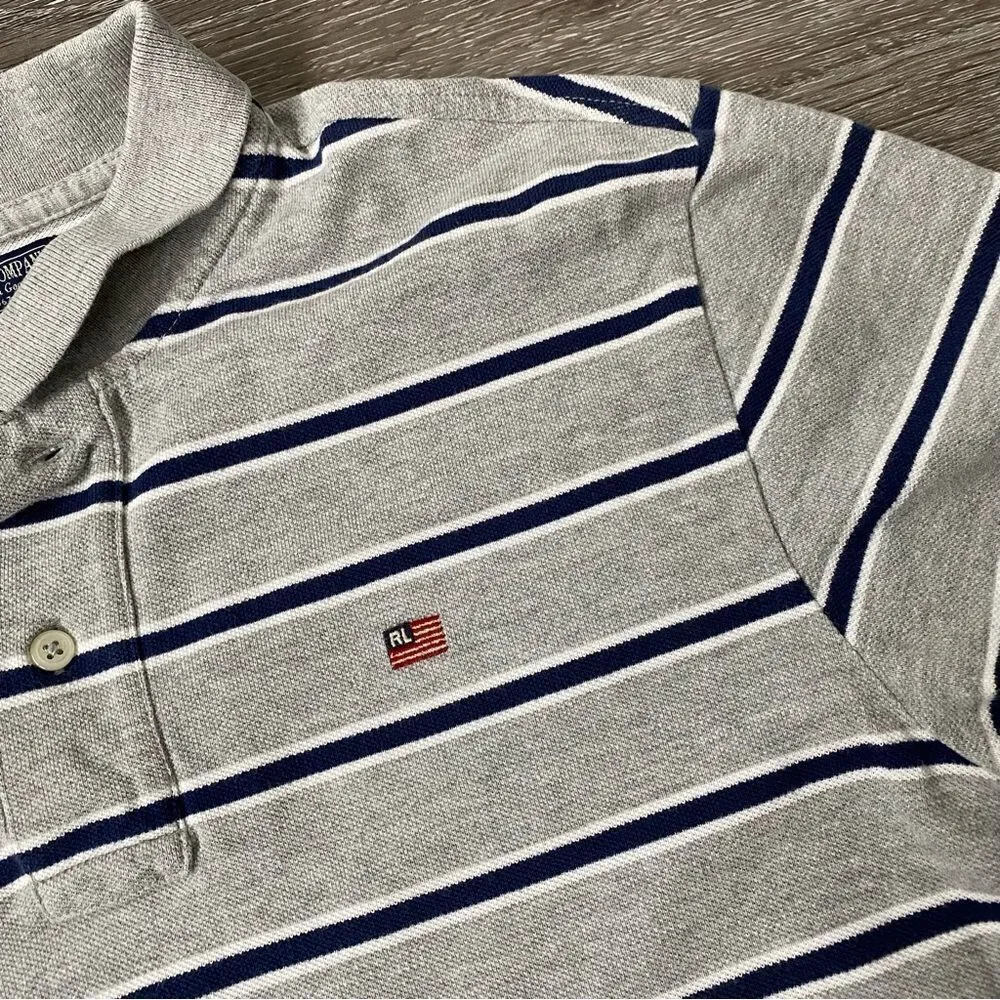 Ralph Lauren Striped Polo Short Sleeve Shirt Gray Blue SZ M